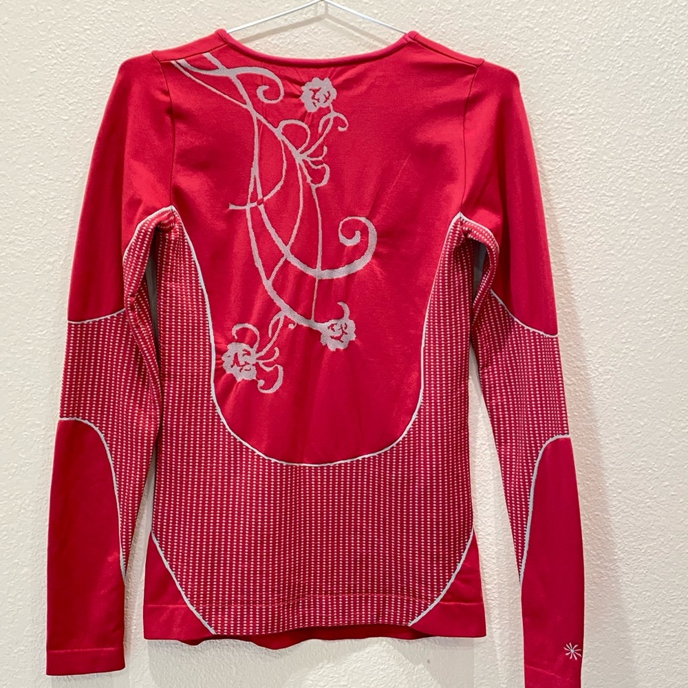 Athleta Red Long Sleeve Top with White Floral Design